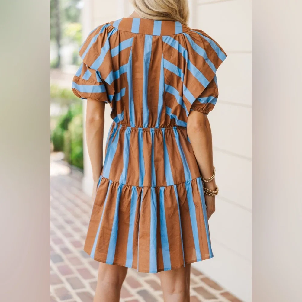 NWTs Entro Blue & Brown Chevron V-Neck Tiered Dress - Picture 4 of 9